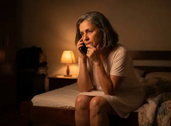 Mulher de 56 anos ao telefone à noite, abajur aceso, procurando as palavras certas