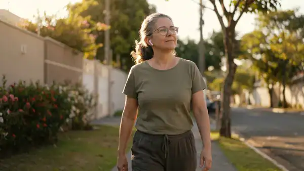Mulher de 55 anos caminhando em rua tranquila de bairro com fone de ouvido, expressão relaxada
